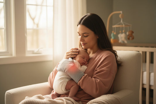 New mom with postpartum carpal tunnel wrist pain finding relief with heat compression glove
