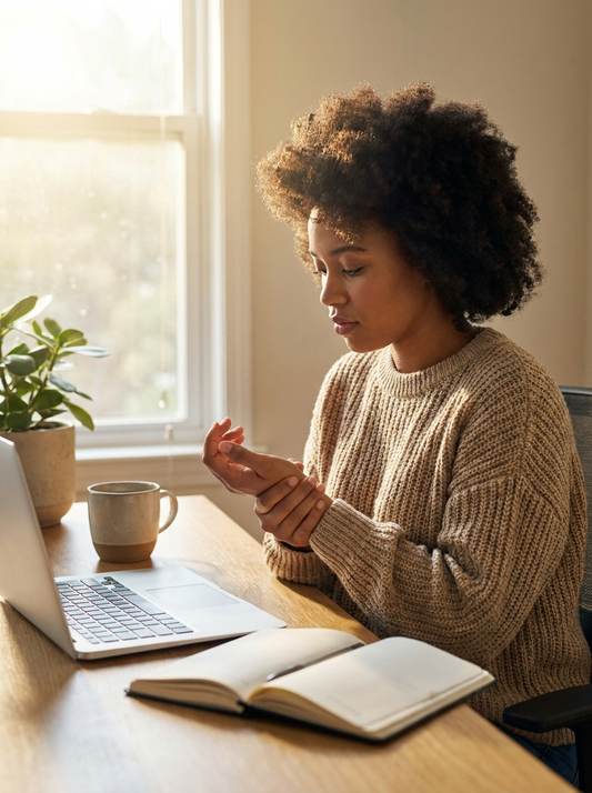 Office worker with carpal tunnel pain typing at desk wearing compression glove for relief