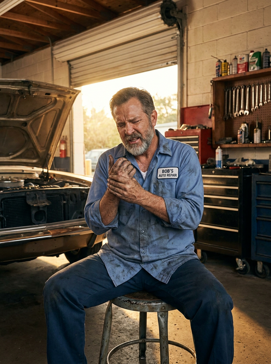Mechanic with chronic hand pain and fatigue finding relief with heat compression therapy