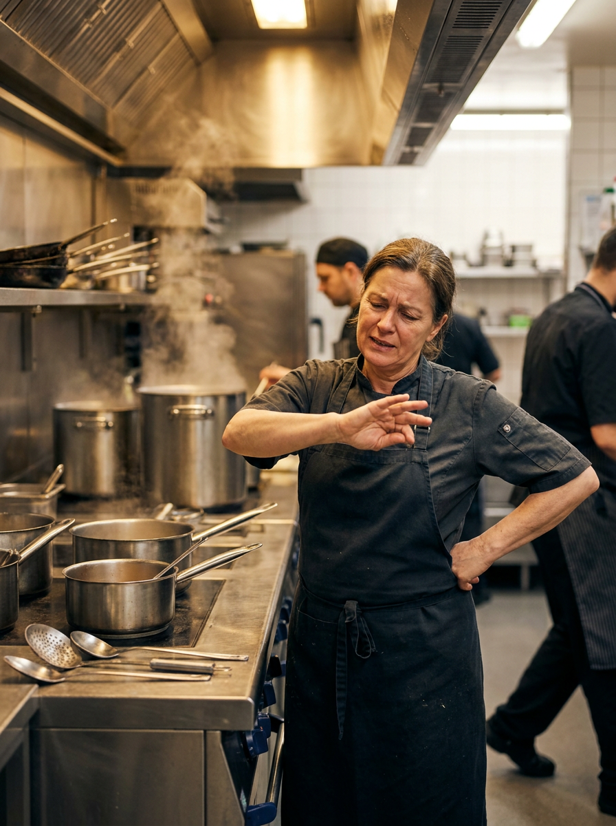 Professional chef with hand fatigue and pain finding relief with heat compression therapy
